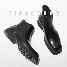 Botas masculinas de couro genuíno com bico quadrado Chelsea com camada superior de couro Martin de sola grossa estilo br