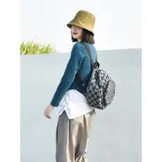 [Checkerboard pequena bolsa redonda] mochila feminina moda Original mochila jeans nicho xadrez mochila