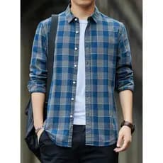Novo estilo camisa xadrez de algodão puro masculina de manga comprida High-End azul polegada camisa primavera outono cam