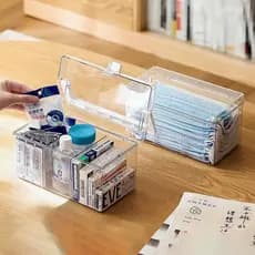 Máscara caixa de armazenamento de medicamentos doméstico totalmente transparente cotonetes Band-Aid armazenamento portát