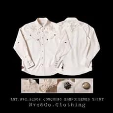 Mvc & Co.Artisan Tecelagem 9.5 OZ Algodão Cru Embrião Branco Sarja de Alta Densidade Flor Corda Bordada Camisa Ocidental