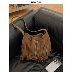 [Bolsa Xiaoyoujia] HOYOZI Original Couro Estrela Borla Bolsa Feminina Ombro Crossbody Balde Outono Inverno