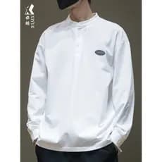2026 primavera moletom de manga comprida masculino puro algodão Henry colarinho camisa pequena camiseta solta tamanho gr