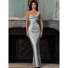 Vestido de Festa Elegante de Cetim com Ombro Único da Mozision, Vestido Longo Justo Sem Mangas com Gola Alta para Mulher