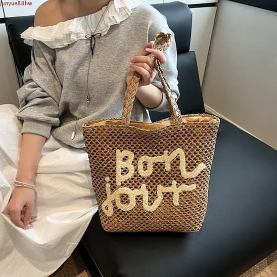 JUNYUE Bolsa De Ombro De Praia , Sacola De Tecido De Cor Sólida De Grande Capacidade , Palha Estilo Boêmio