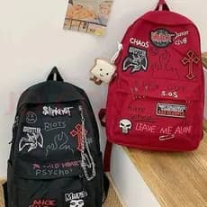 [SJB] Mochila escolar de estudante estilo Punk vinho tinto Rock, mochila escolar de grande capacidade Y2K, mochila Casua