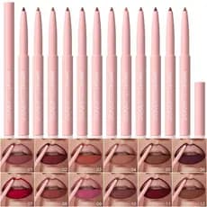 Conjunto de 12 Lápis Delineadores Labiais Matte, Textura Cremosa de Longa Duração, Lápis de Batom Retrátil com Cores Ric