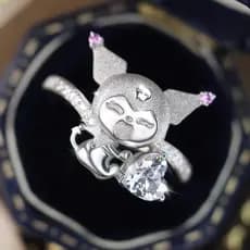 Sanrio, desenho animado, Kuromi, diamante em forma de coração, casal, moda, simples, único, fofo, luxuoso, anel feminino