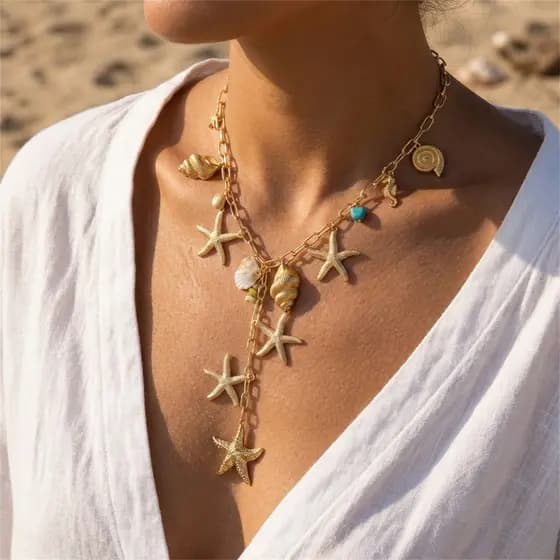 Moda Verão Estilo Oceano Concha Estrela Do Mar Colar Feminino Jóias De Metal Acessórios Para Presente De Feriado