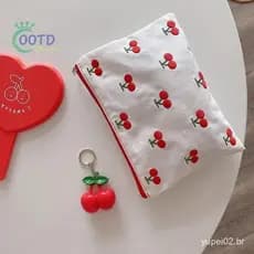 Moda Hoje Cereja Bordado Sacos De Cosméticos Zíper Batom Bolsa Kawaii Retro Meninas De Lona Estojo De Maquiagem Armazena