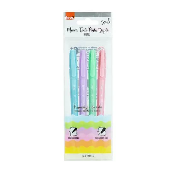 Marca Texto Ponta Dupla Tons Pastel Soul 4 Cores BRW | Cores Pastéis | Chanfrada e Redonda