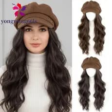 YONGWANG Chapéu De Peruca Integrado Feminino , De Boina Realista Octogonal Cabelo Longo E Encaracolado Ondulado