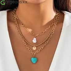 [Gorgeousxx] Colares De Correntes Em Camadas Com Pingente Turquesa Da Moda Boêmia Para Mulheres Joias Elegantes