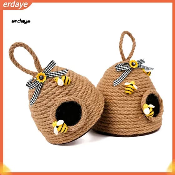 Handmade Woven Rope Bee Hive Hanging Ornament with Sunflower Bowknot – Rustic Farmhouse Decor for Bedroom Room Spring