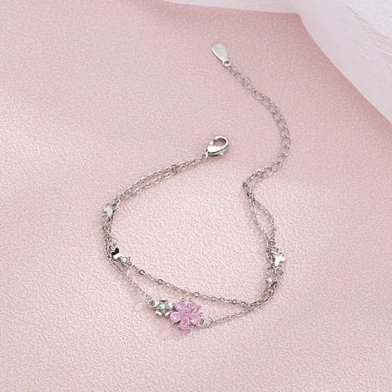 Cerejeira, luxo leve, diamante rosa, flor, borboleta, delicado, vintage, fashion, fofo, pulseira feminina, presente