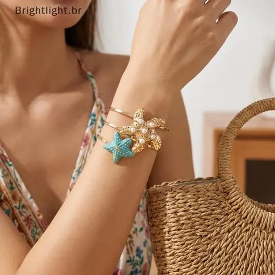[brightlight.br] Boho Esmalte Estrela Do Mar Concha Manguito Pulseiras Para Mulheres Grande Abertas Verão Praia Férias J