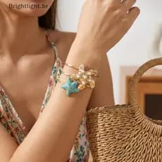 [brightlight.br] Boho Esmalte Estrela Do Mar Concha Manguito Pulseiras Para Mulheres Grande Abertas Verão Praia Férias J