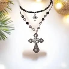 [upcloud1] Luxo Vintage Strass Corrente Imitação Pérola Colar Para Mulheres Punk Cruz Pingente Gargantilha Boutique