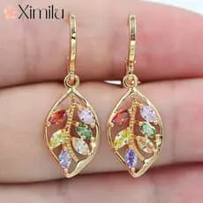 ❤ Venda quente novo estilo 18k banhado a ouro folha orelha gancho incrustado colorido topázio brincos feminino confissão