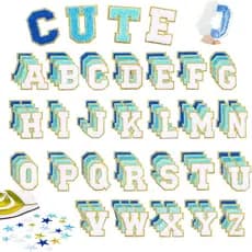 Kit de Patches de Letras em Chenille: 104 Letras Autoadesivas e 24 Estrelas Termocolantes para DIY, Patches Varsity em A