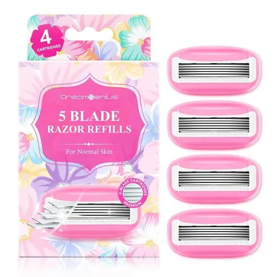 Refis de Lâminas de Barbear DreamGenius para Mulheres Incluem 4 Cartuchos, Refis de Barbear de Viagem com 5 Lâminas Extr