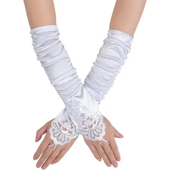 Luvas Longas de Cetim Sem Dedos, Luvas para Ópera e Festa do Chá para Mulheres, Acessórios de Fantasia para Noivas e Bai