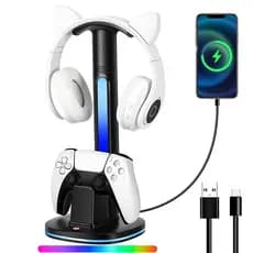 Base de Carregamento para Controle PS5 com Suporte para Fones de Ouvido RGB |   Estação de Carregamento Rápido Dual USB