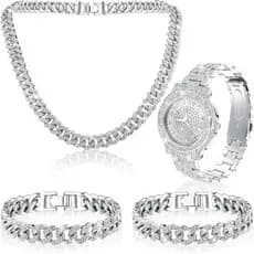 Conjunto de 4 Peças: Relógio Masculino com Diamantes, Corrente Elo Cubano, Conjunto de Joias Hip Hop, Colar e Pulseira c