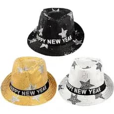 Suprimentos para Festa de Réveillon - Pacote com 3 Chapéus Fedora com Lantejoulas Brilhantes em Dourado, Prateado e Pret