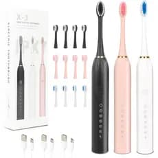 Conjunto de 3 Escovas de Dente Elétricas Recarregáveis para Adultos com 4 Cabeças de Escova, 6 Modos, Função de Temporiz