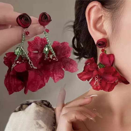 Rosa romântico simulação francesa flor viagem foto brincos High-End moda brincos femininos