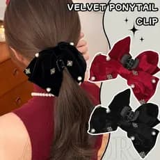 Garra De Cabelo Com Laço De Veludo Vermelho-Suporte De Rabo De Cavalo Para Cabeça Traseira-Clipes De Pérola De Simulação
