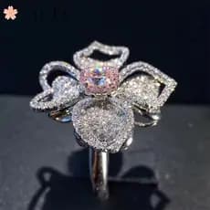 ❤ Flor Original moda rosa anel de diamante menina cheio de diamante noivado bonito moda Retro acessórios estilo chinês p