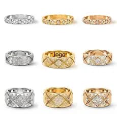 Anel de aço de titânio com verificação de diamante HT Anel de casal banhado a aço inoxidável banhado a ouro 18K