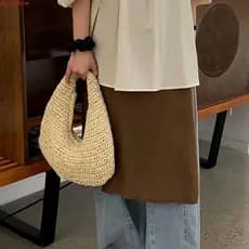 JUNYUE Bolsa Tote Tecida , De Palha Artesanal Meia Lua Lafite Mão De Grande Capacidade Praia De Verão