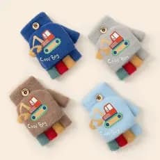 Luvas De Inverno Dos Desenhos Animados Para Menino Bonito Escavadeira Grosso Quente Crianças Meio Dedo Flip Ao Ar Livre