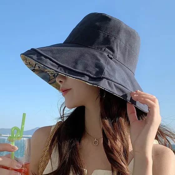 Chapéu De Sol Estampado Dupla Face Feminino Algodão Puro Ao Ar Livre Aba Grande Balde Bacia Pescador Sombreamento Moda B
