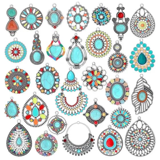 5 Peças Clássico Azul Turquesa Flor Redonda Encantos Geométrico Oco Pingente Para Colar Brincos Jóias Fazendo Suprimento