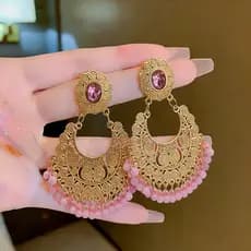 Novo Brinco De Cristal Rosa Para Mulheres Boho Vintage Cor Dourada Oco Contas Redondas Borla Brincos Noiva Jóias De Casa