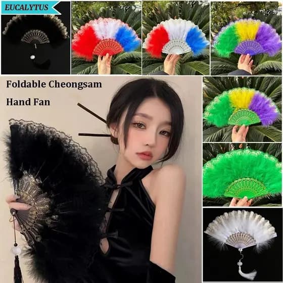 Ventilador De Mão Dobrável Cheongsam EUCALYTUS , Com Osso De Plástico Desfile De Moda Feminina De Pele Colorida