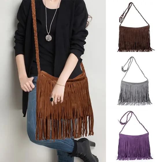 Twupb Bolsa De Ombro Feminina De Couro Com Franjas Ajustável Com Alça De Tricô Flexível / Estilo Étnico / Pu / Cor Lisa