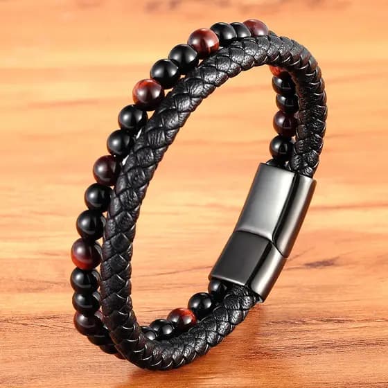 Clássico Estilo Especial Com Contas De Bricolagem Costuras De Costura Masculina Pulseira De Couro Botão Preto De Aço Ino