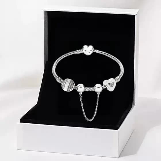 Com caixa S925 pulseira de coração banhada a prata + 3 contas Berloque joias da moda presente