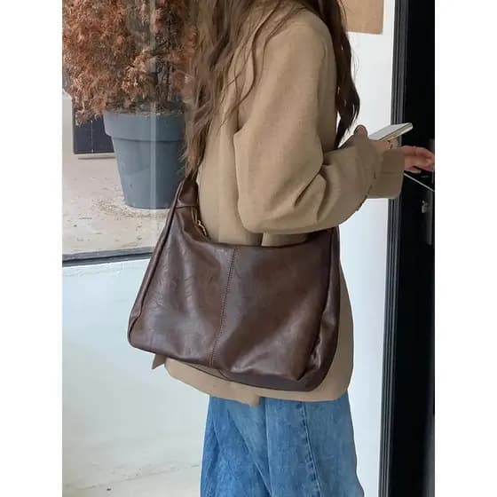 Bolsa de Ombro Feminina em PU de Cor Sólida, Bolsa Transversal de Grande Capacidade para Volta às Aulas, Moda Casual Ver