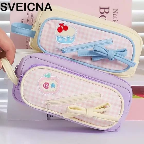SVEICNA Bolsa De Papelaria Com Laço Coreano , Estojo Portátil De Armazenamento De Mesa Para Lápis De Frutas Coreanas , C