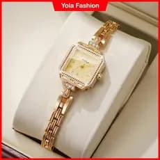 Relógio De Ouro Vintage Para Mulheres , Quartzo Feminino Com Mostrador Quadrado Pequeno E Pulseira De Strass (Sem Caixa)