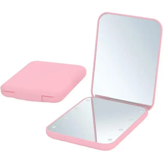 Espelho de Maquiagem Portátil e Dobrável, Luz LED com 8 Lâmpadas LED, Ampliação de 2x, Rosa