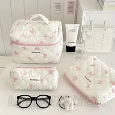 Bolsa Cosmética Com Estampa De Laço Rosa-De Maquiagem De 3 Tamanhos-Grande Capacidade , Portátil-Para Viagens De Meninas
