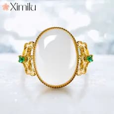 ❤ Retro clássico branco jade Hetian jade anel meninas ouro 18K