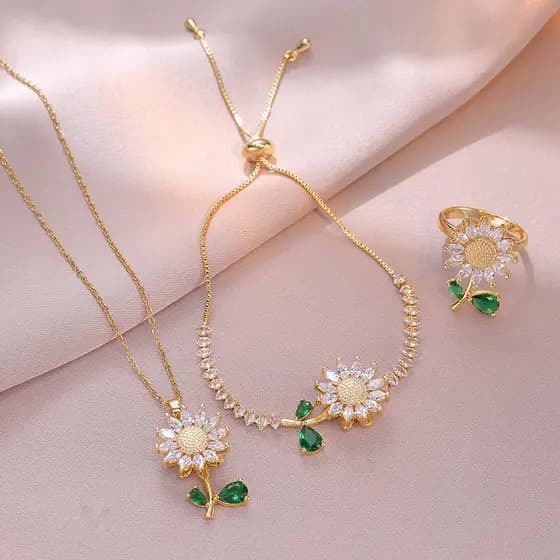 Estilo Coreano Ouro Rotativo Girassol Zircão Colar Nicho Ins Clavícula Corrente Pulseira Anel Jóias